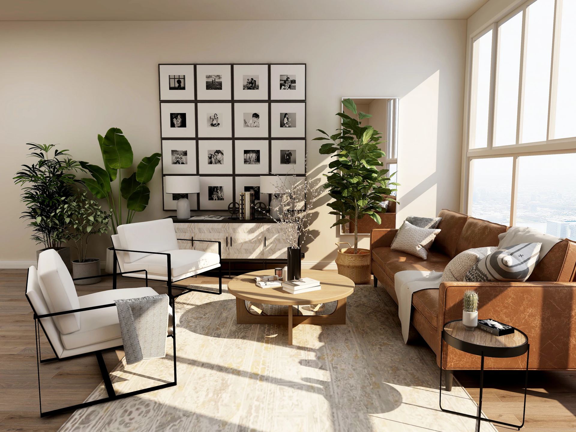 Sunlit Loft Living — Cognac leather and a wall of frames.