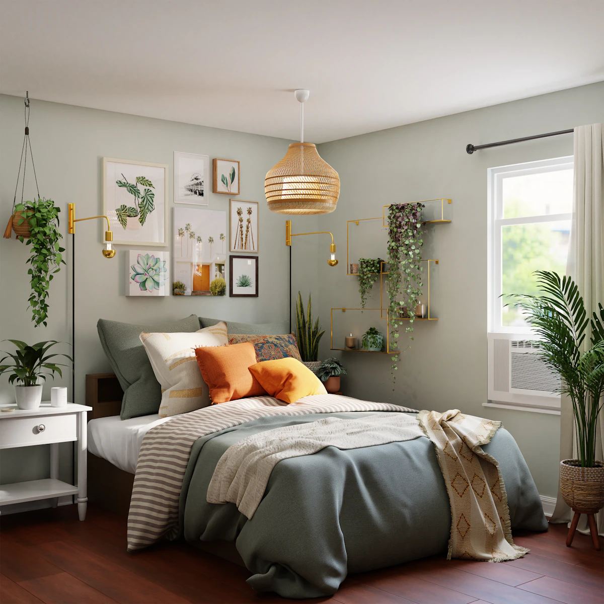 Woven rattan pendant shade in a bedroom