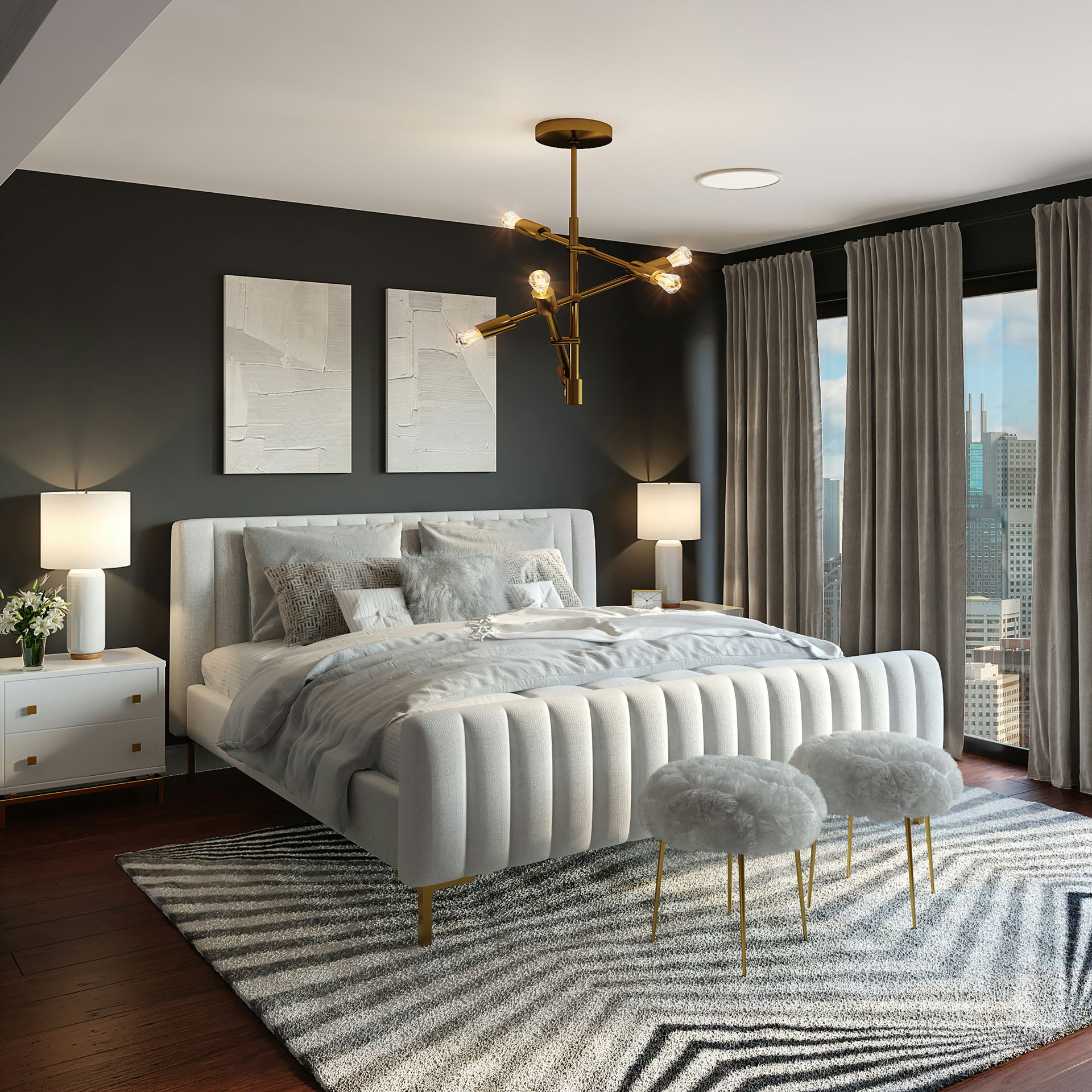 Grey velvet bed with channel-tufted headboard