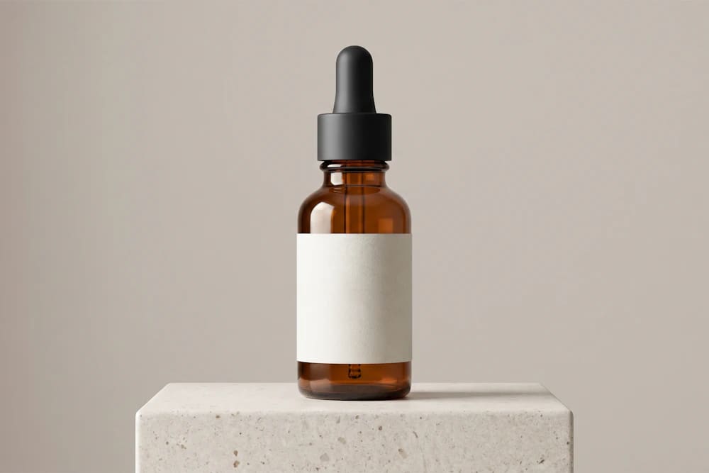 An amber serum bottle on a stone plinth