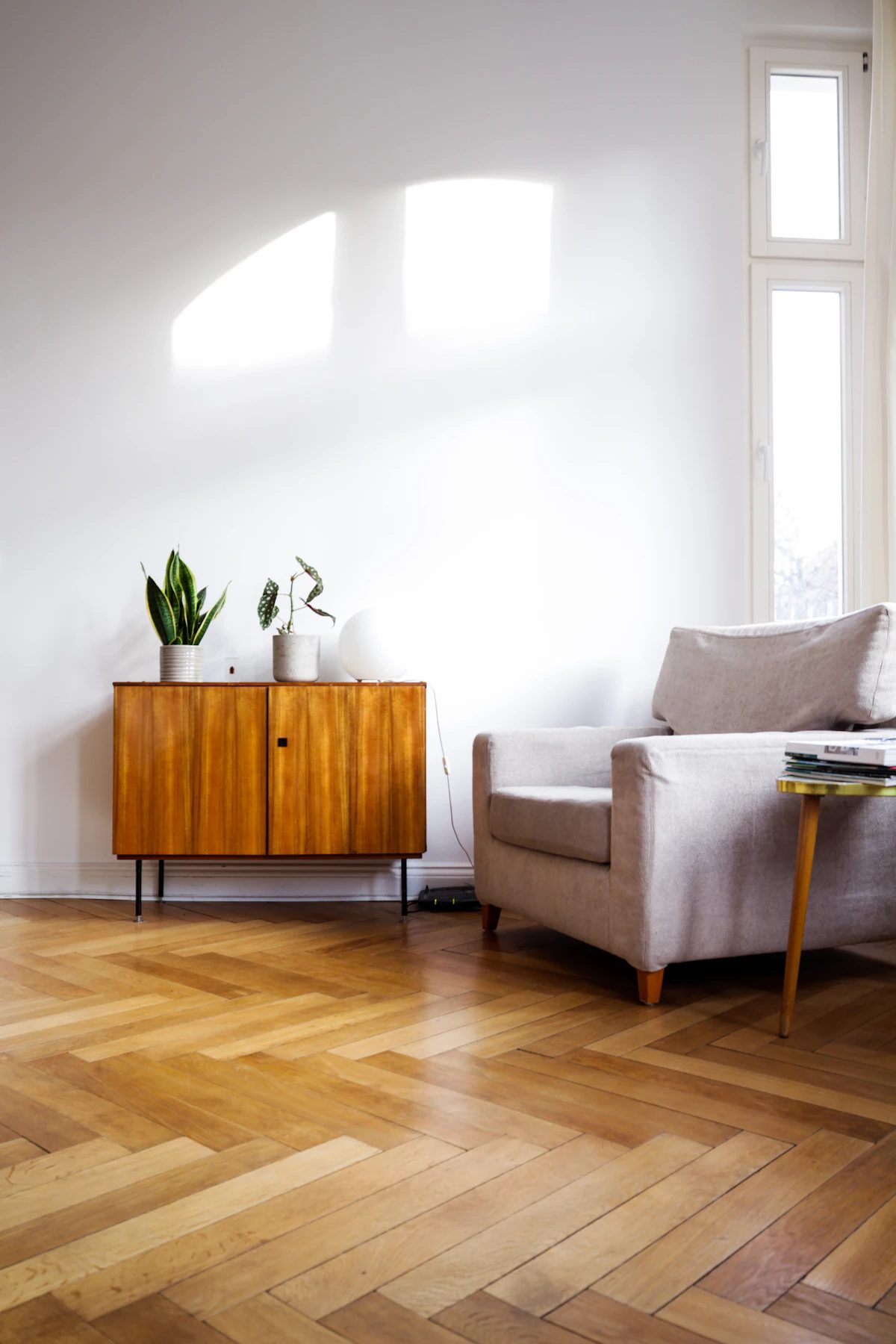 Low white oak sideboard with slatted doors