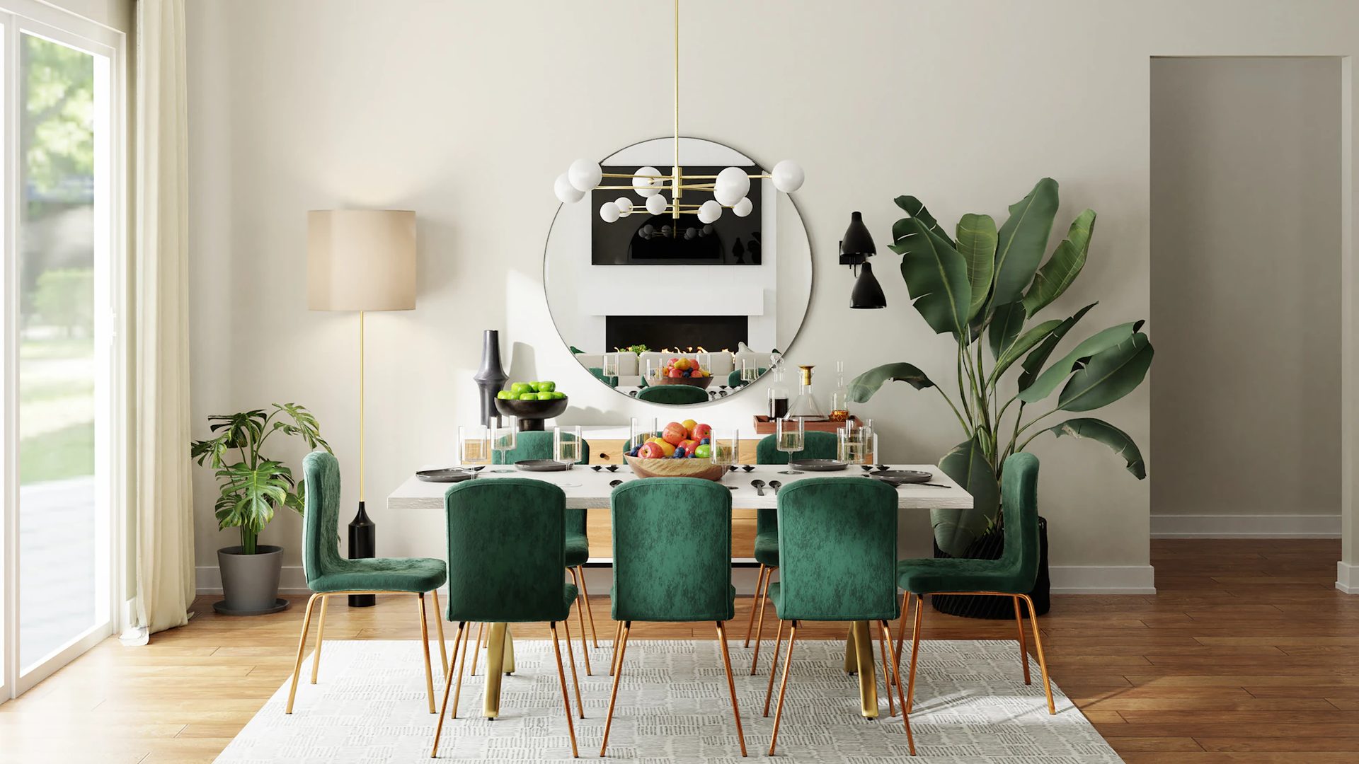 Emerald Dining — Jewel-green velvet around a marble table.