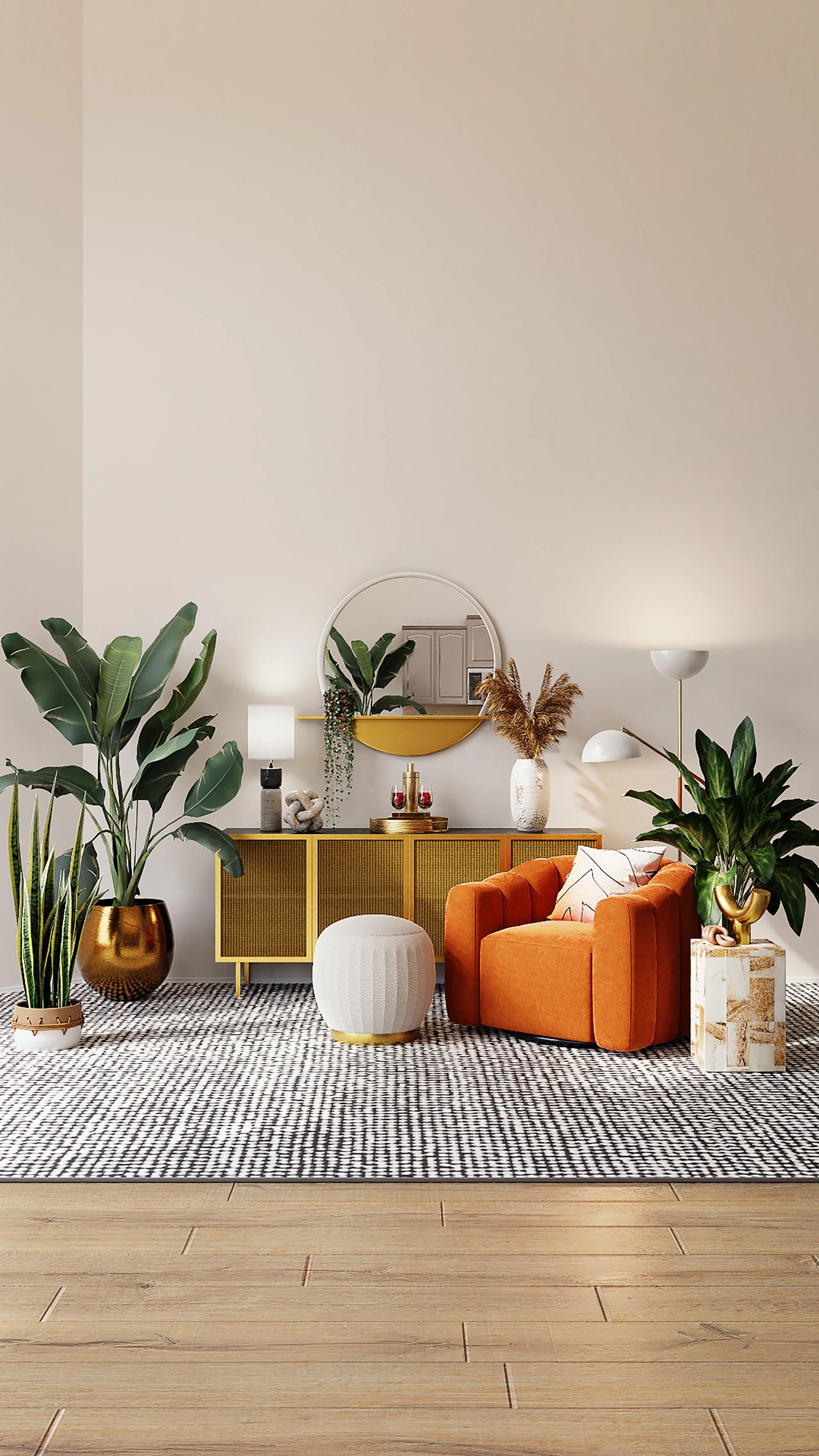 A warm living room with a cognac armchair, a low sofa and plants