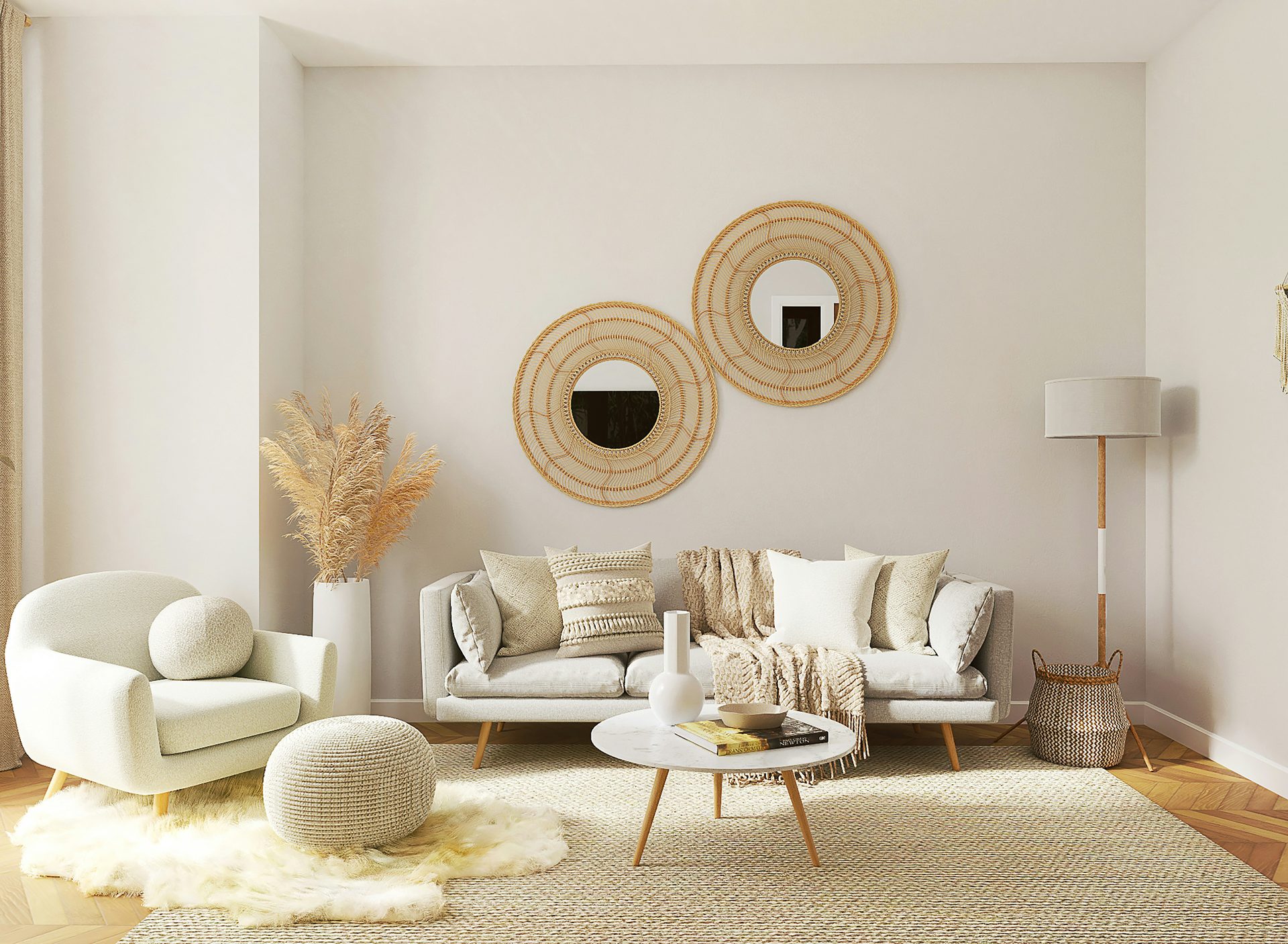Cream linen three-seat sofa with cushions